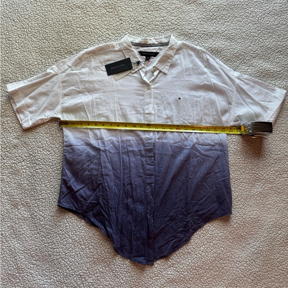 Tommy Hilfiger White and Blue Ombre Short Sleeve Blouse Tie Front